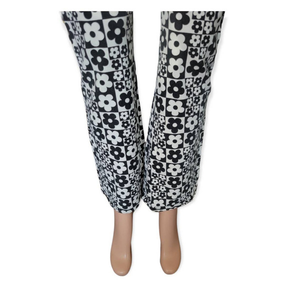 Y2K Retro 70's Floral Print‎ High Rise Flare Leggings Black White - Picture 2 of 9
